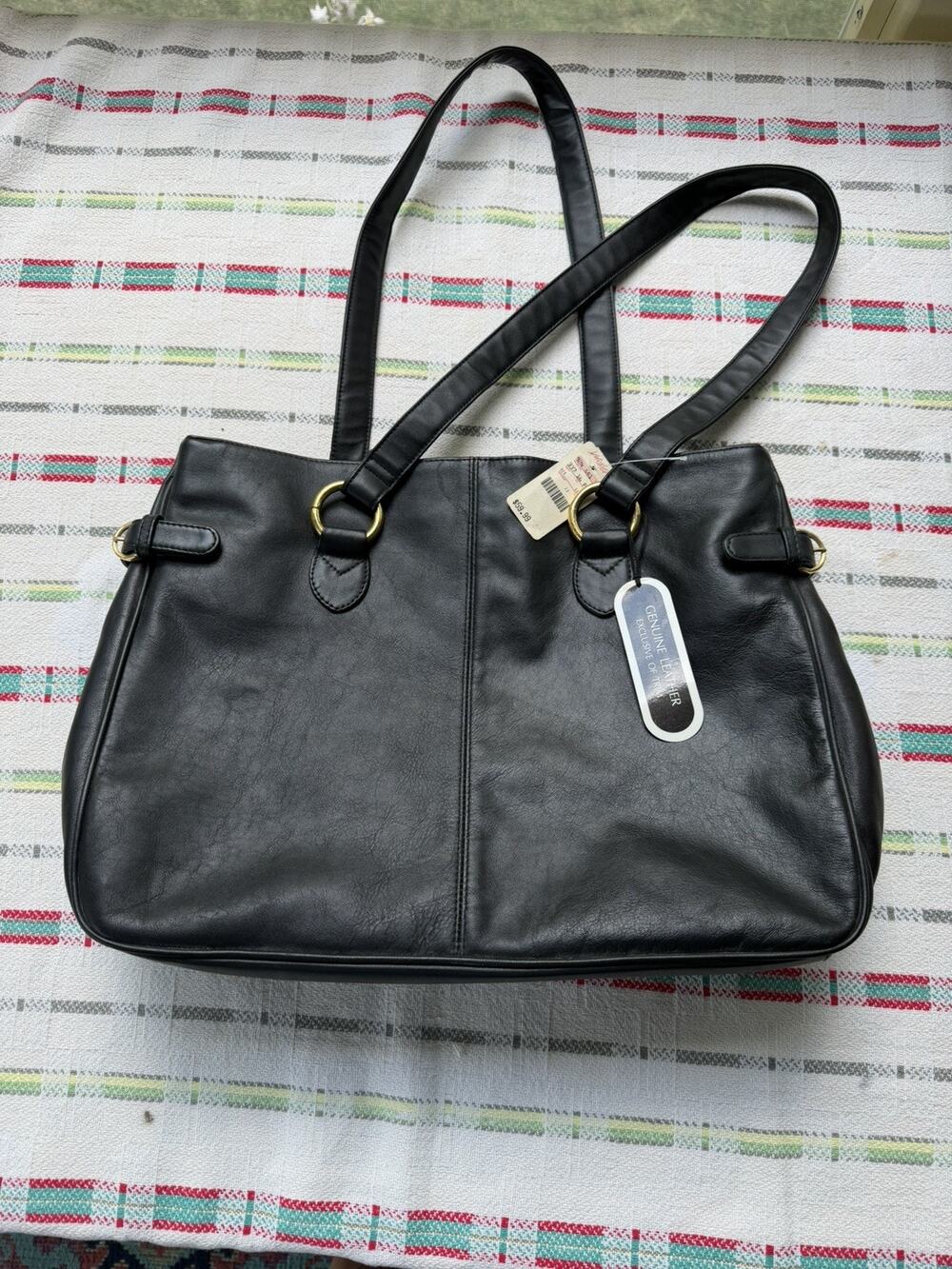 Vintage Y2K Lord & Taylor Genuine Leather Black Work Tote Shoulder Bag NWT